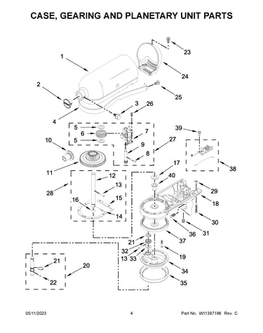 Case, gearing and planetary unit parts
