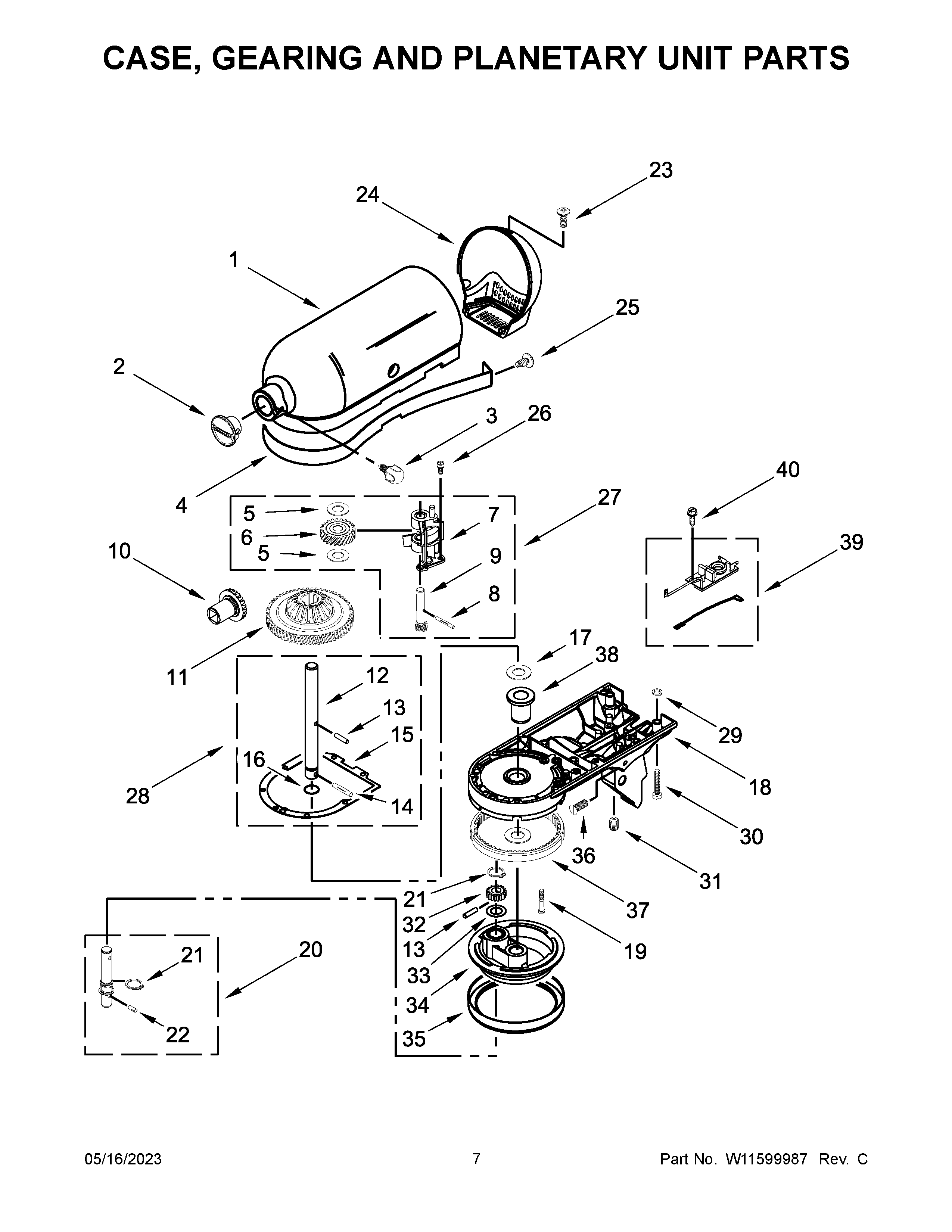Case, gearing and planetary unit parts