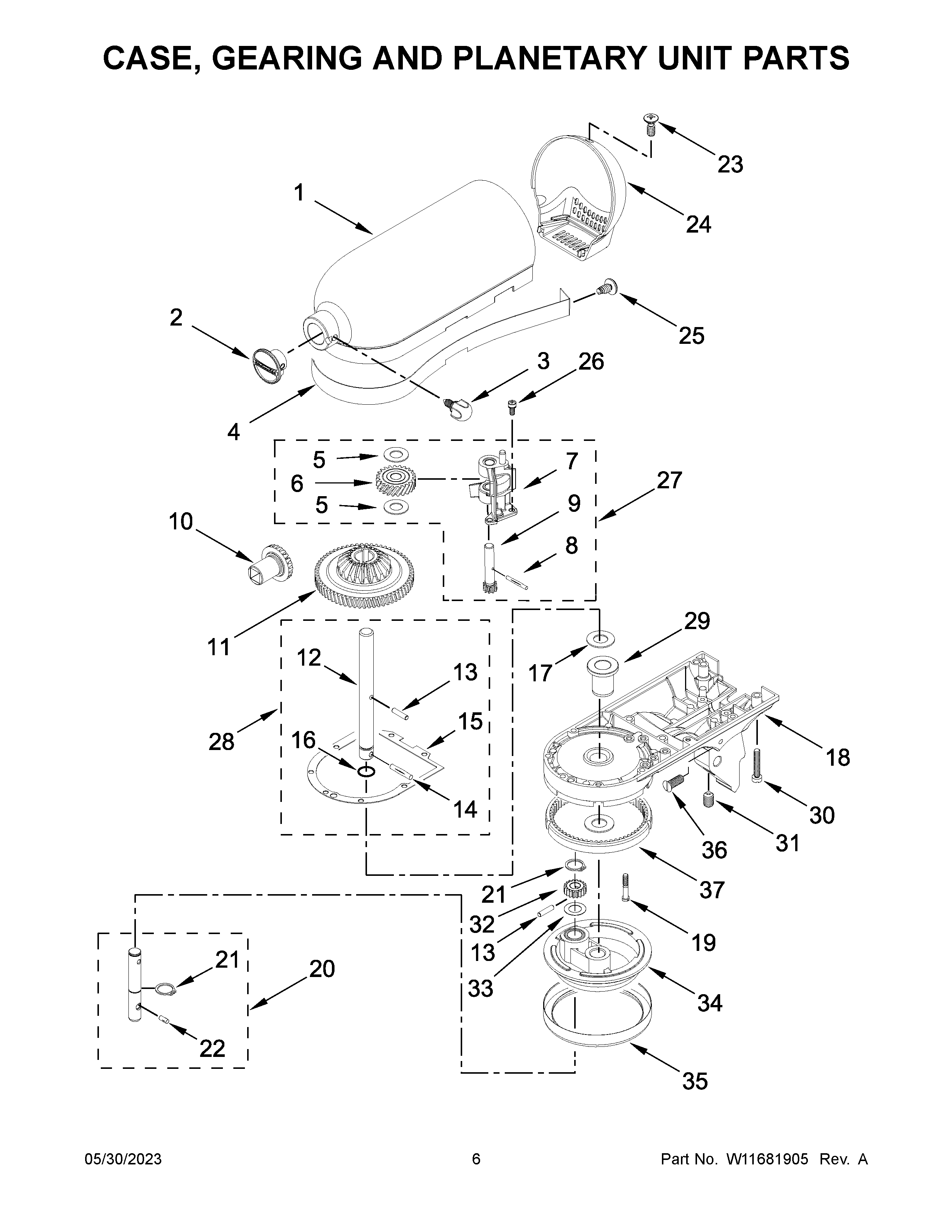 Case, gearing and planetary unit parts