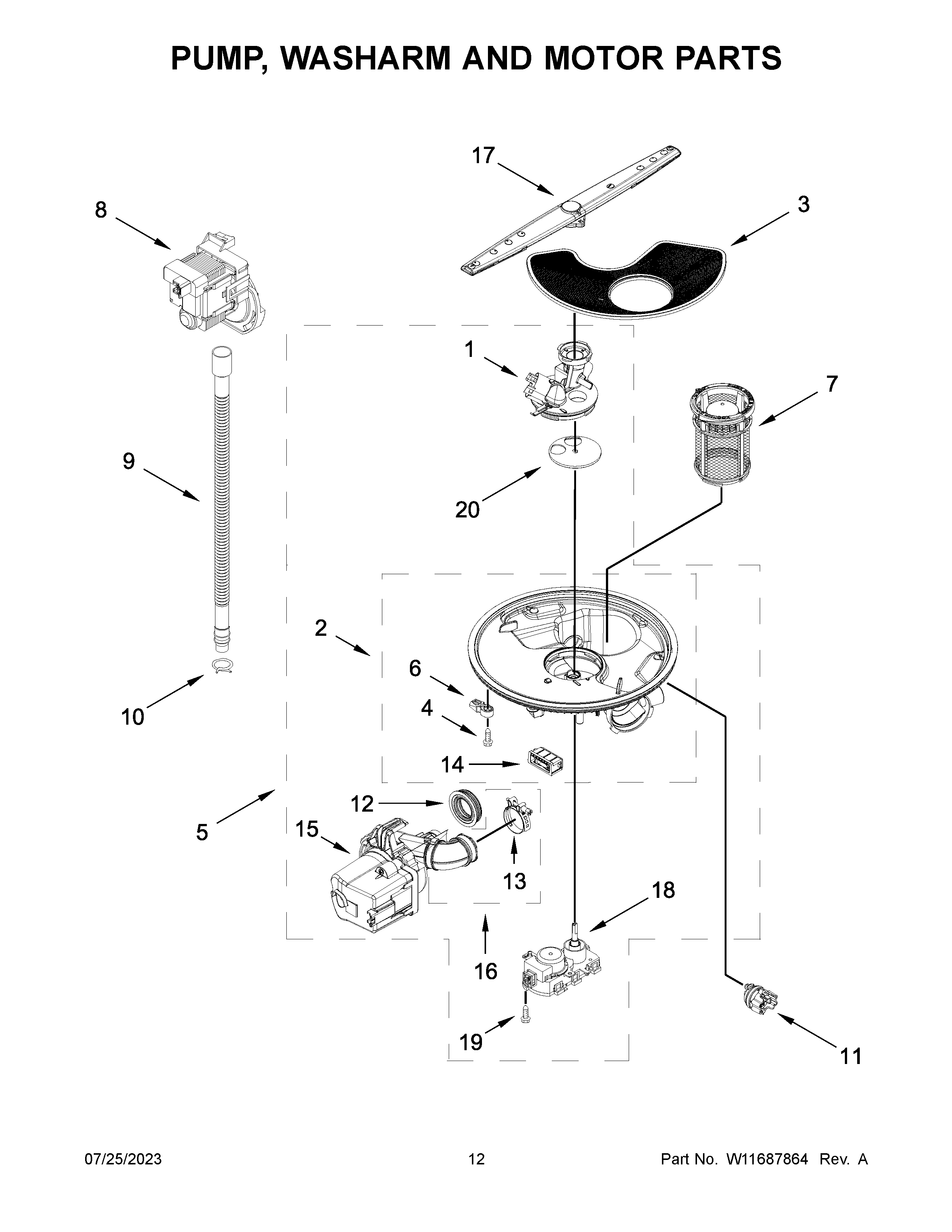 Pump, washarm and motor parts