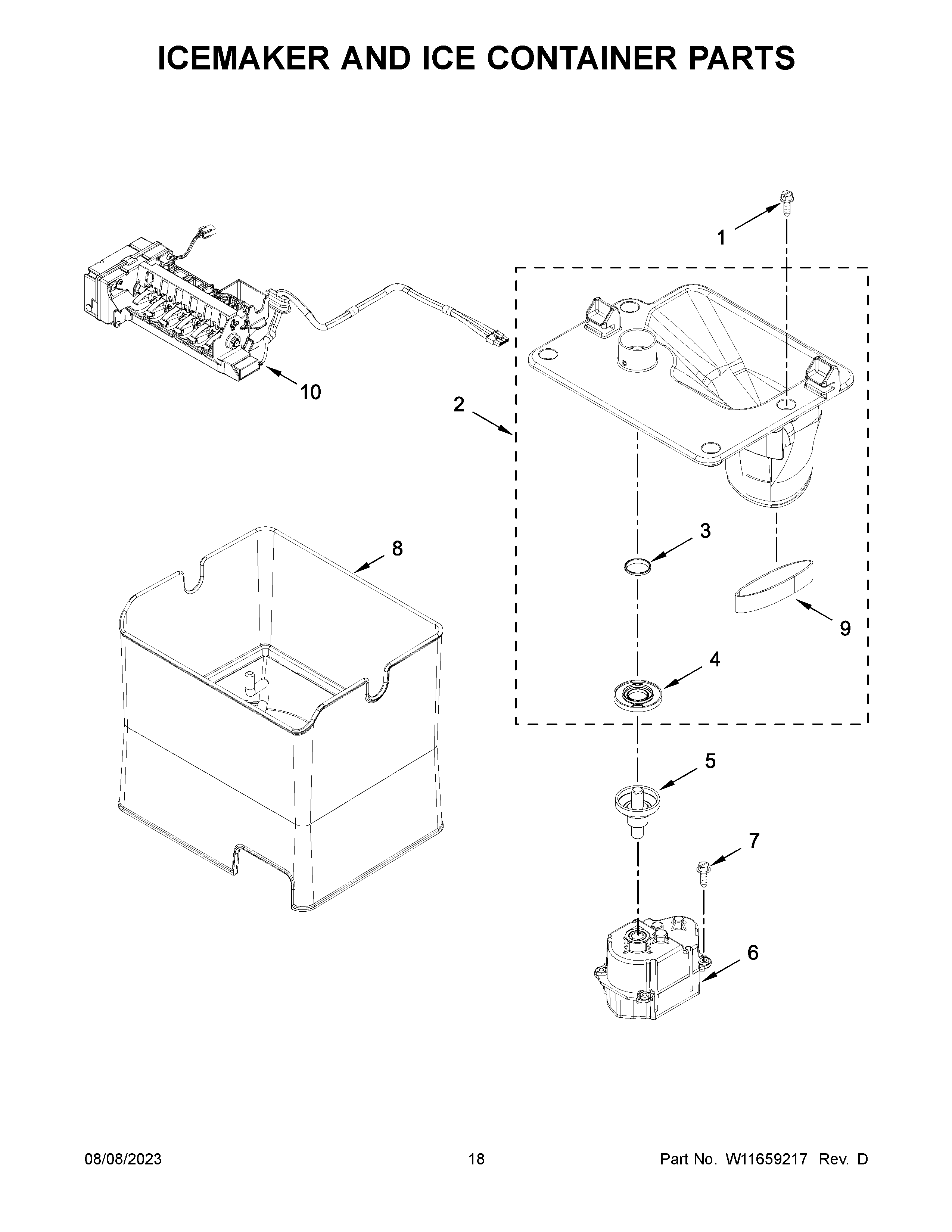 Icemaker and ice container parts