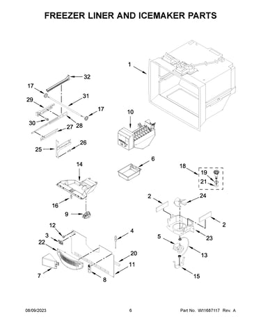 Freezer liner and icemaker parts