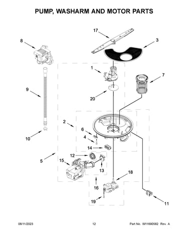 Pump, washarm and motor parts