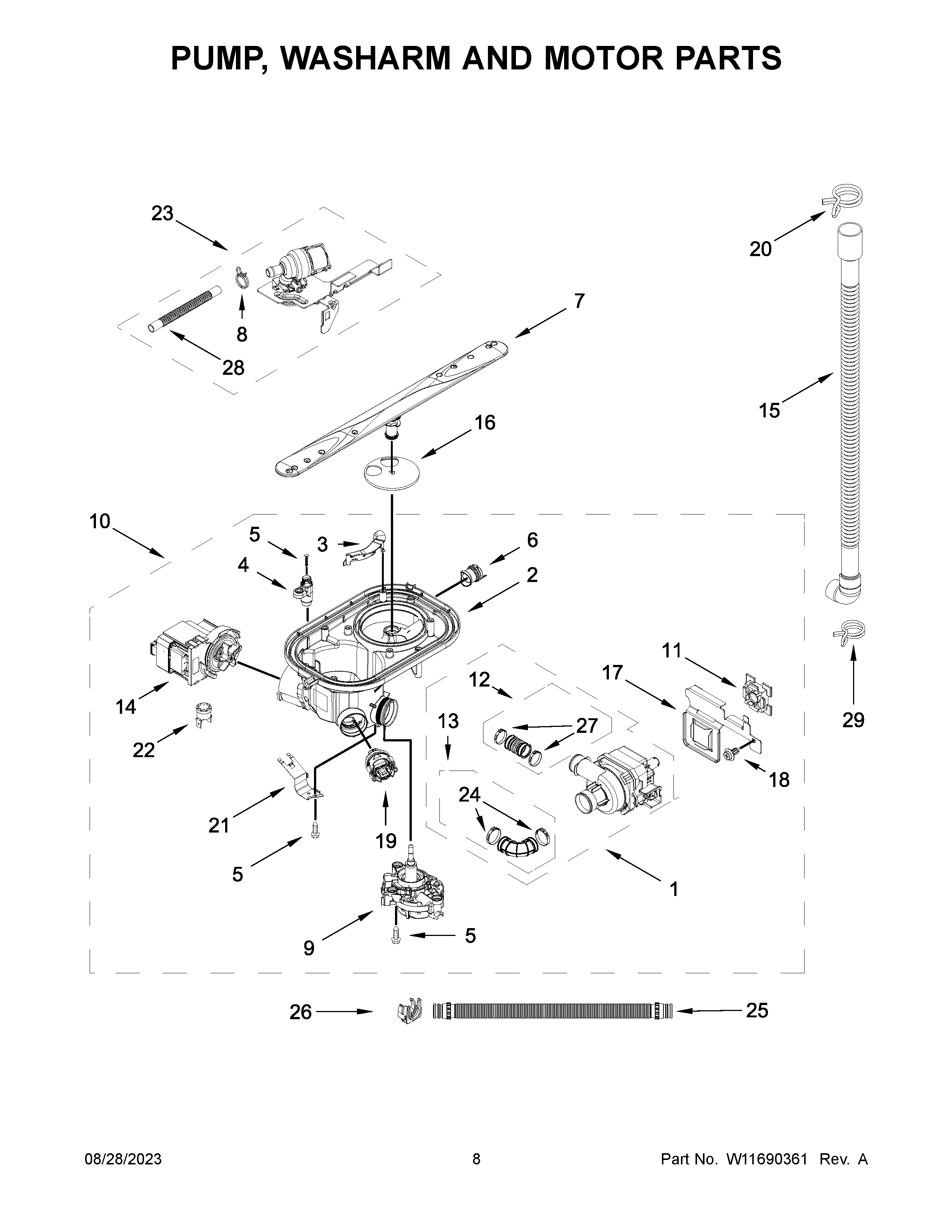 Pump, washarm and motor parts