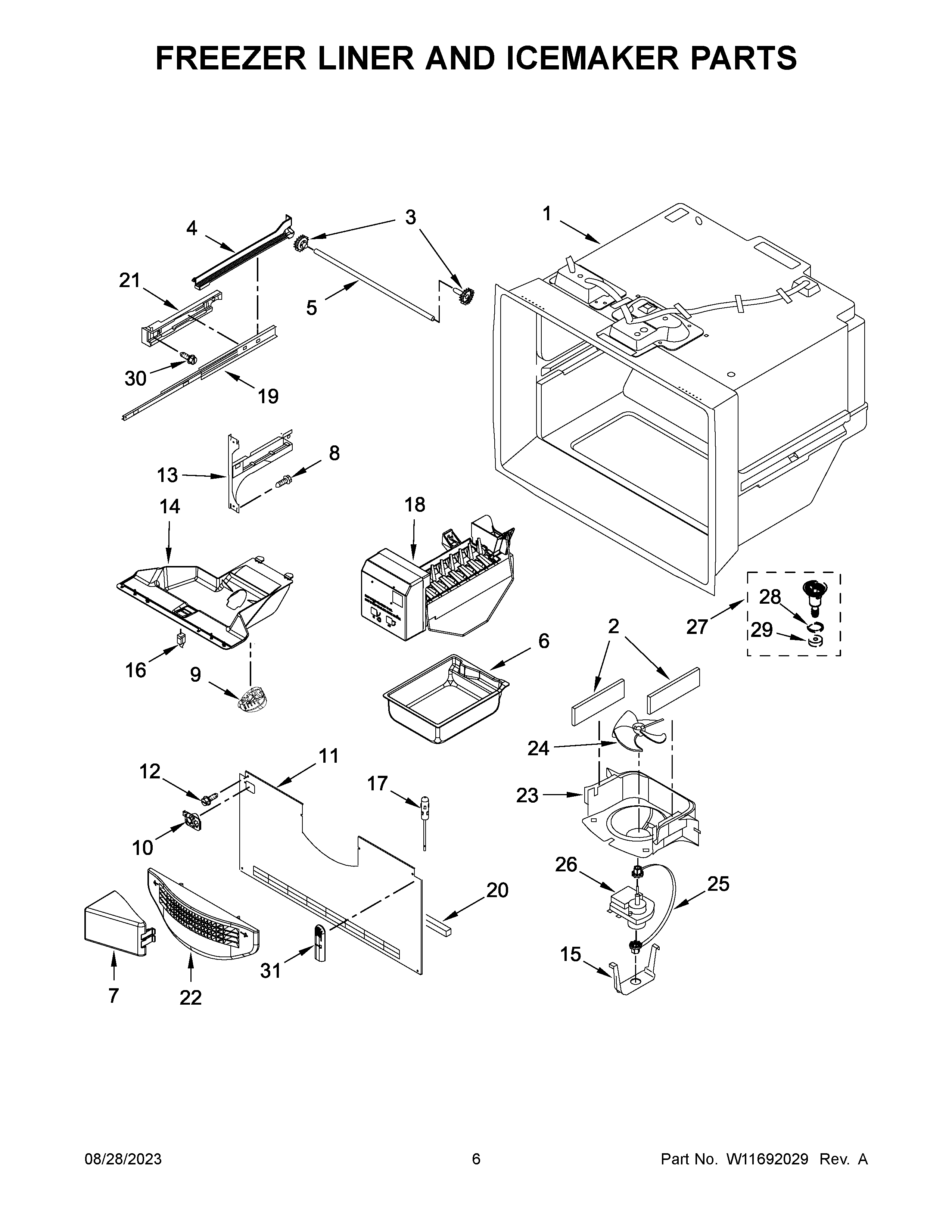 Freezer liner and icemaker parts