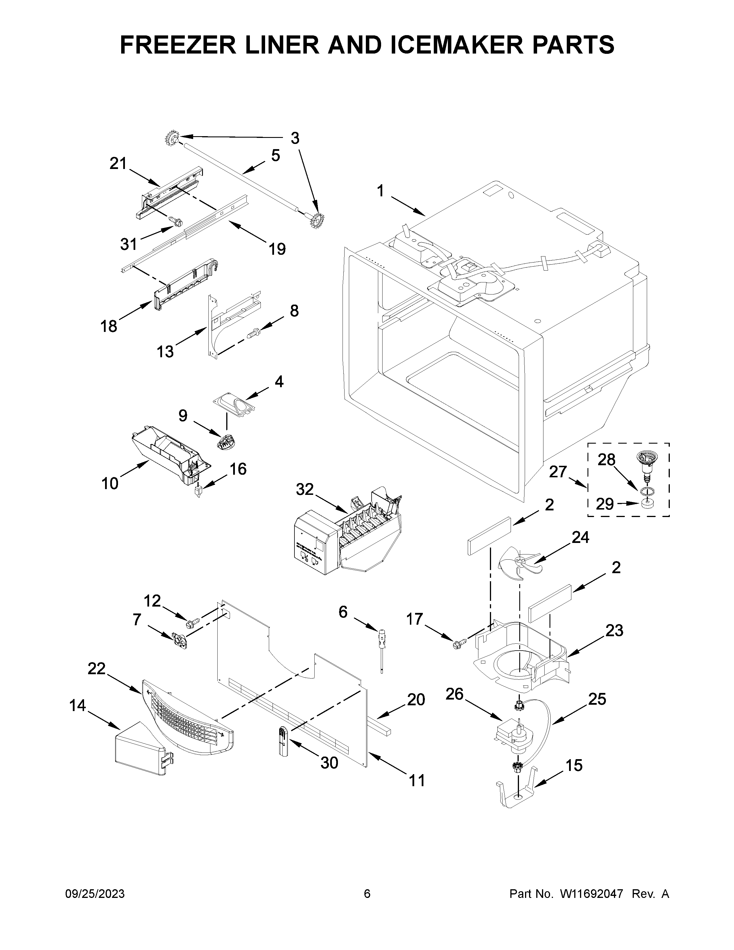 Freezer liner and icemaker parts