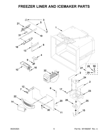 Freezer liner and icemaker parts