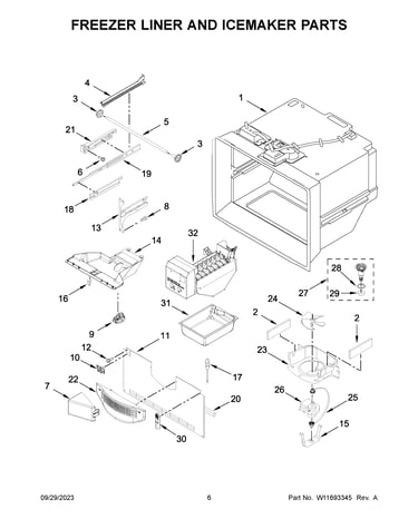 Freezer liner and icemaker parts