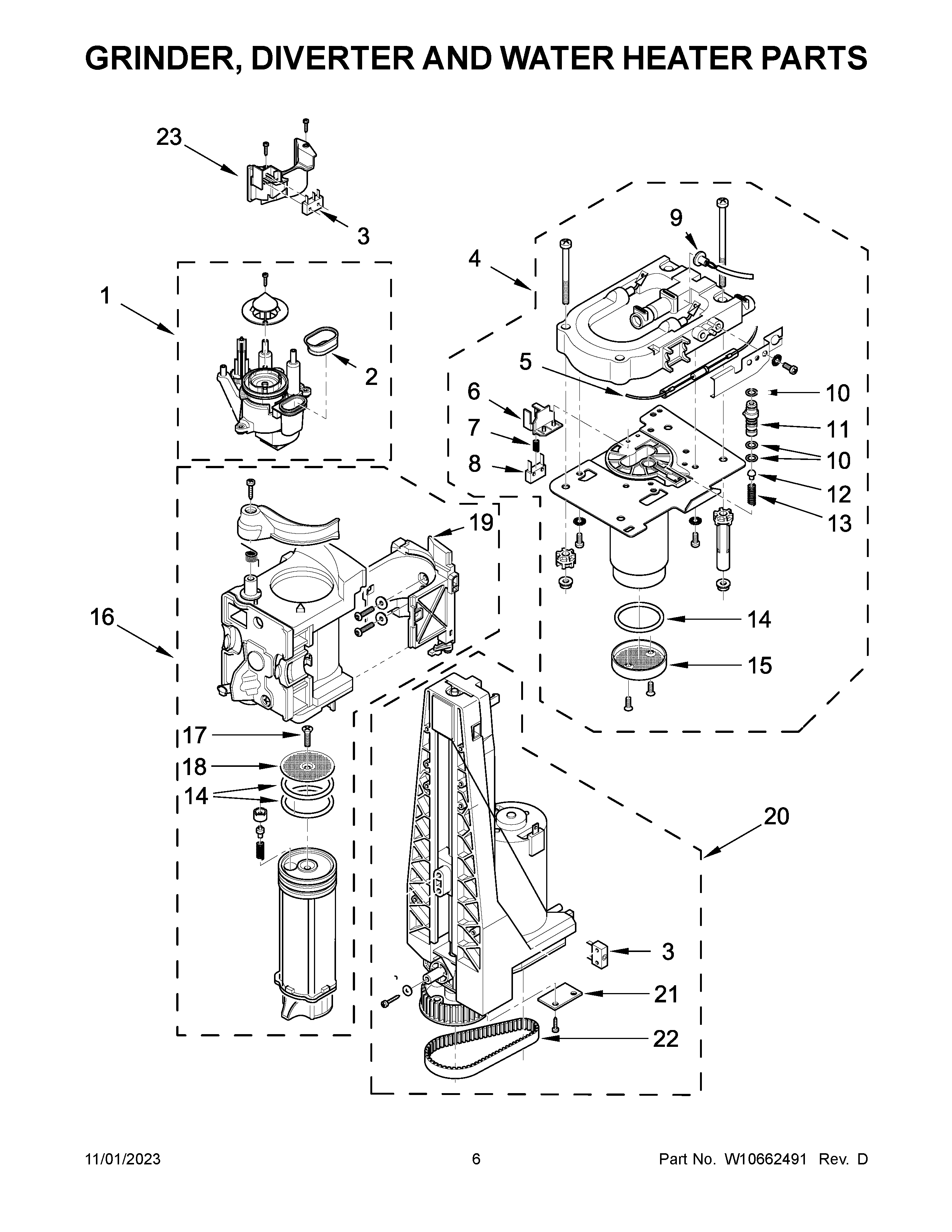 Grinder, diverter and water heater parts