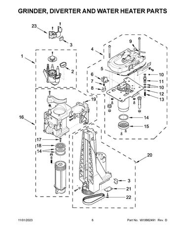 Grinder, diverter and water heater parts