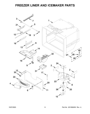 Freezer liner and icemaker parts