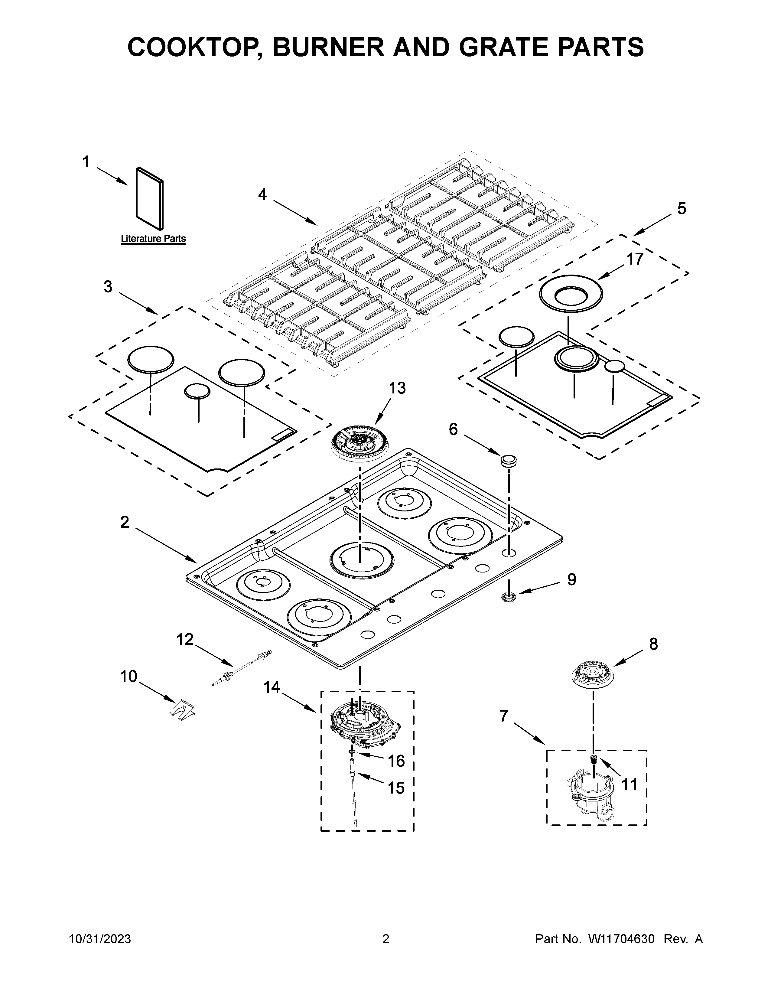 Cooktop, burner and grate parts