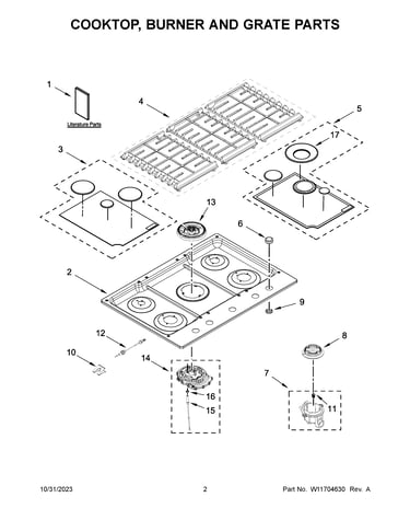 Cooktop, burner and grate parts