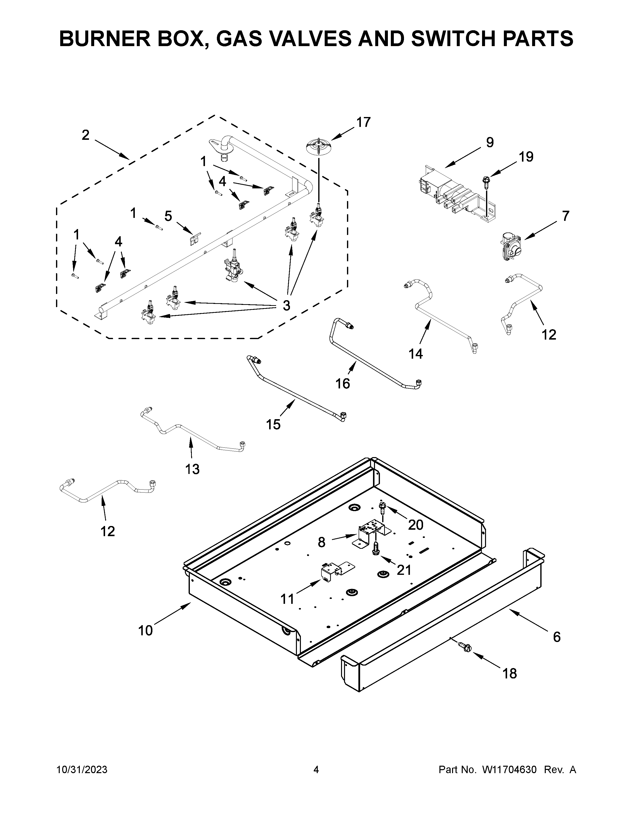 Burner box, gas valves and switch parts