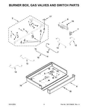 Burner box, gas valves and switch parts