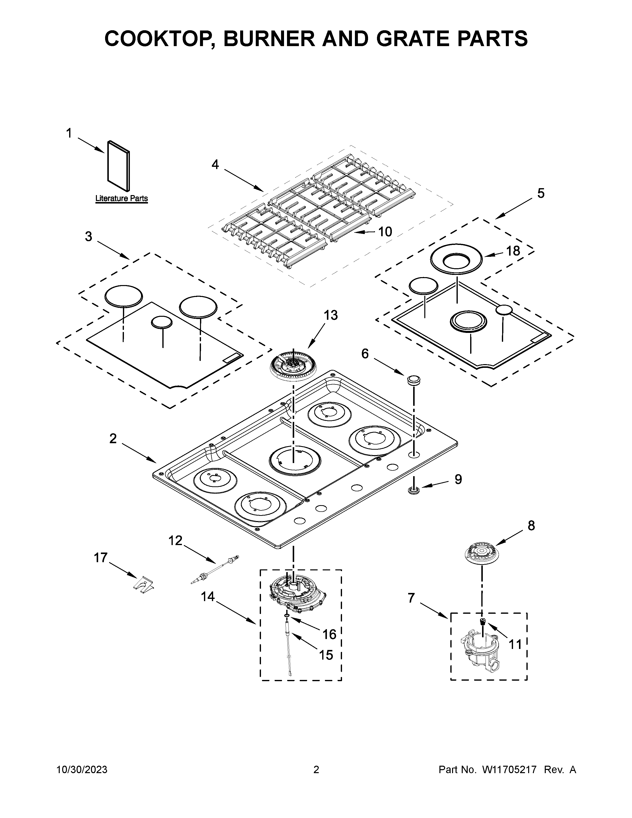 Cooktop, burner and grate parts