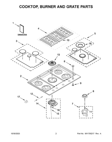 Cooktop, burner and grate parts