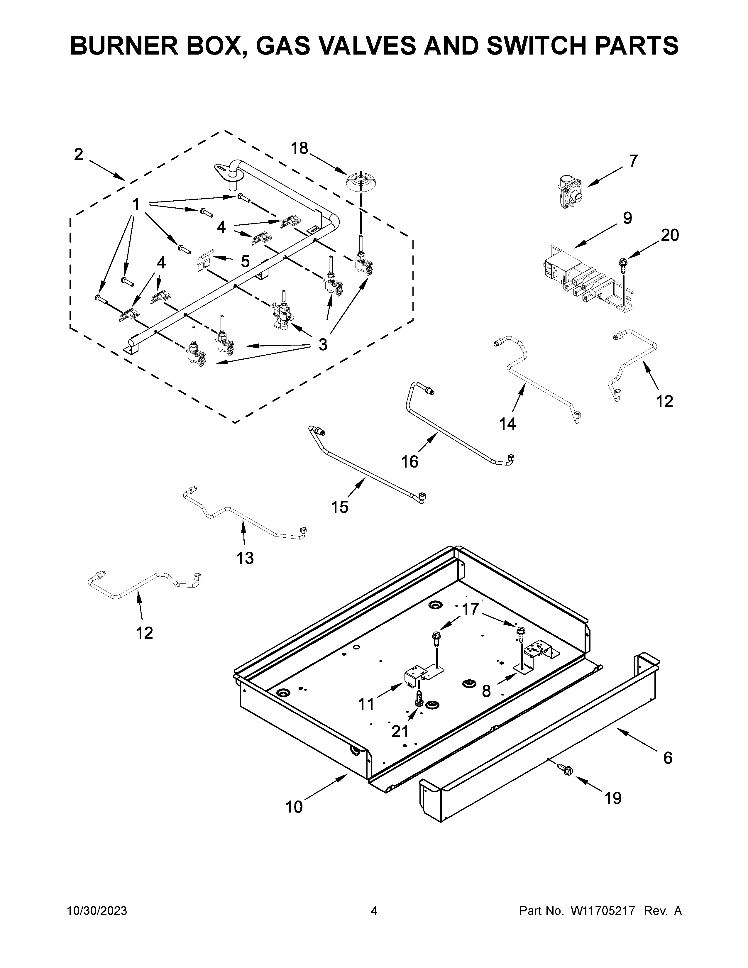 Burner box, gas valves and switch parts