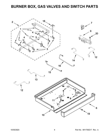 Burner box, gas valves and switch parts
