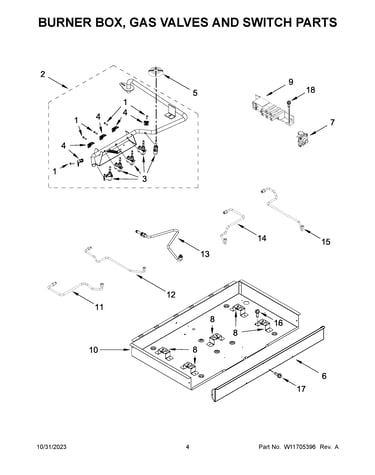 Burner box, gas valves and switch parts