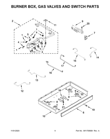 Burner box, gas valves and switch parts