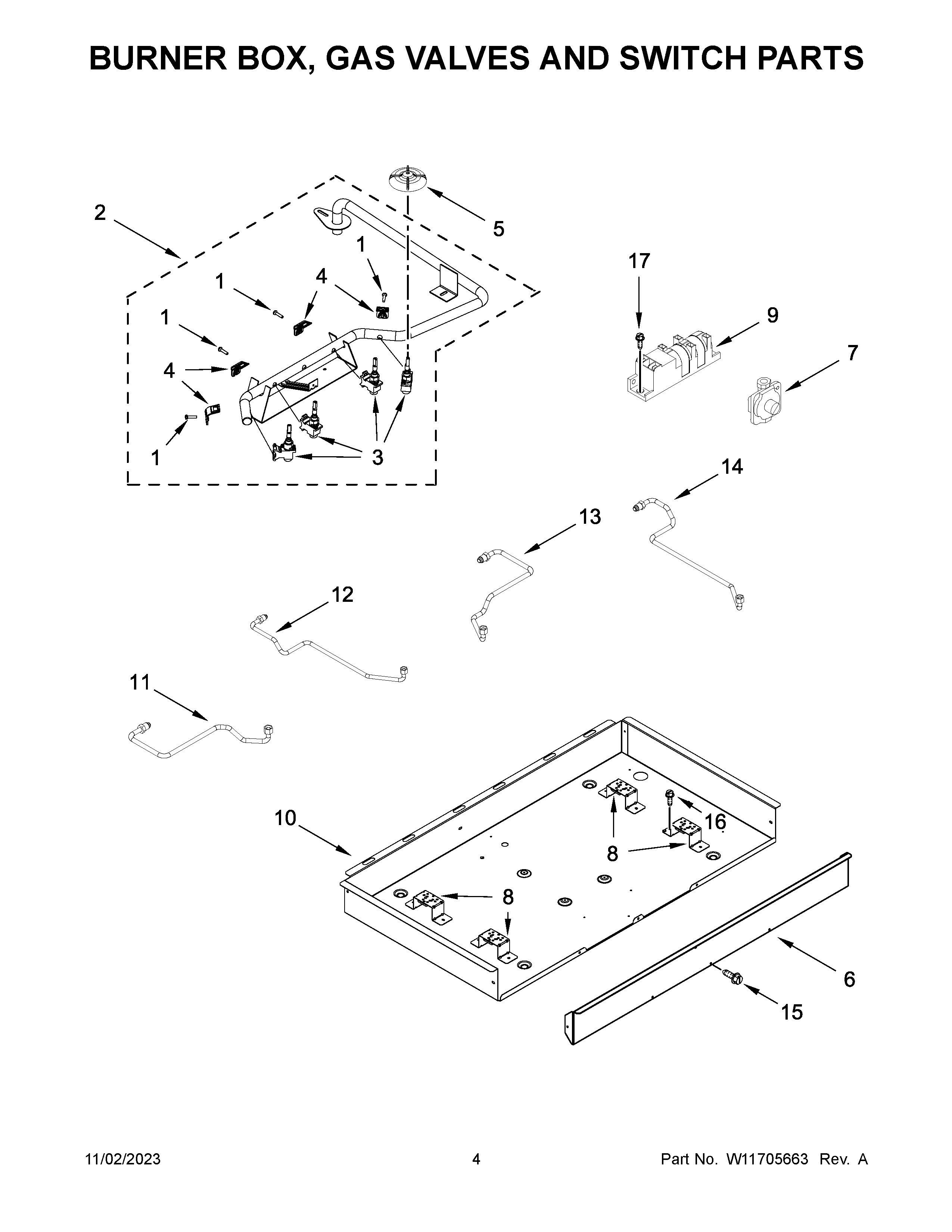 Burner box, gas valves and switch parts