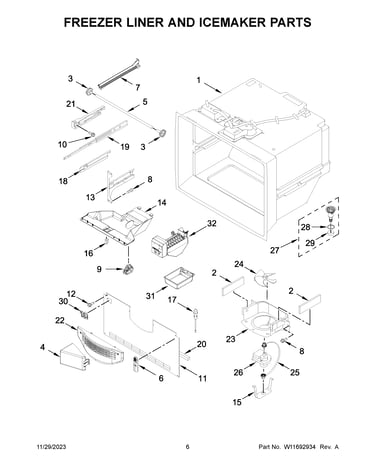 Freezer liner and icemaker parts