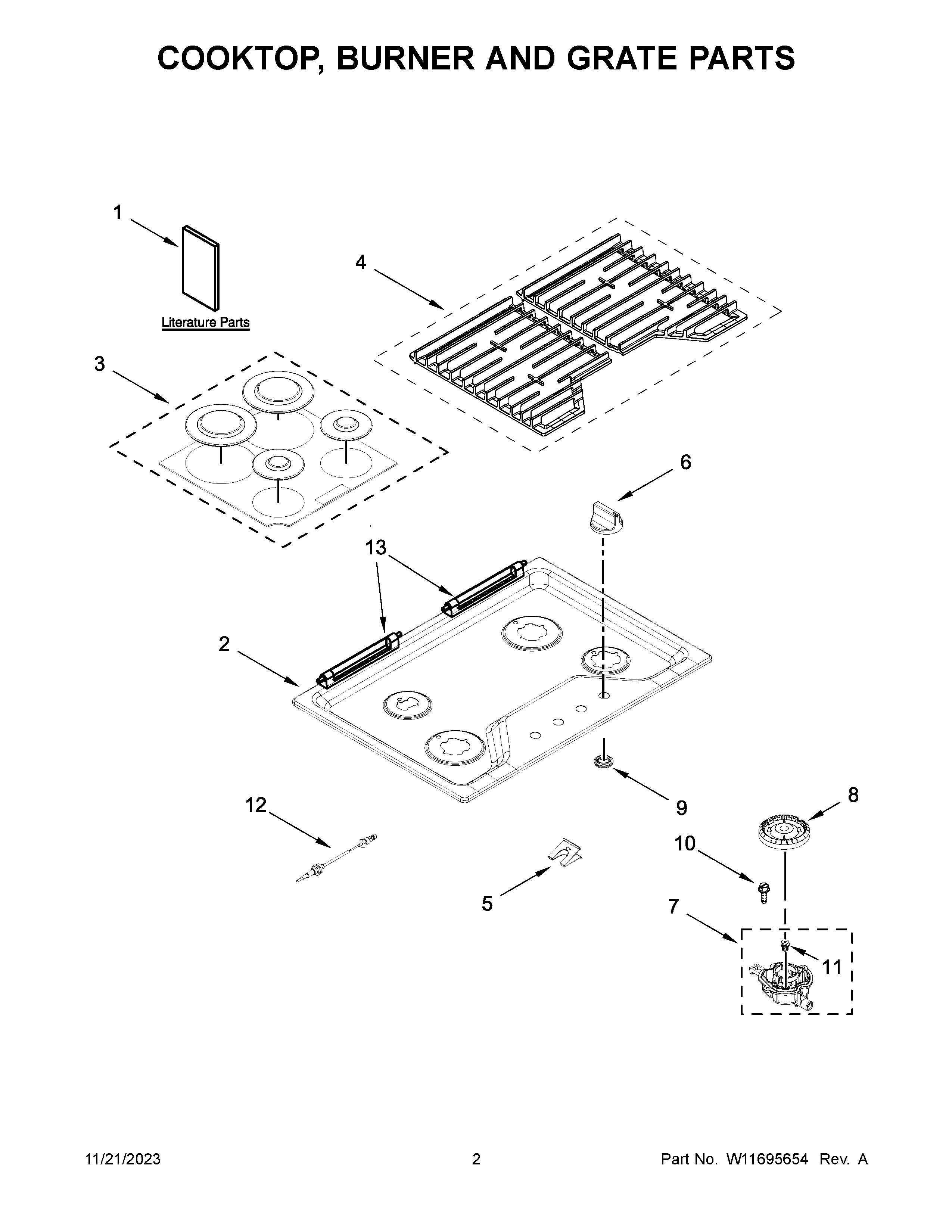Cooktop, burner and grate parts