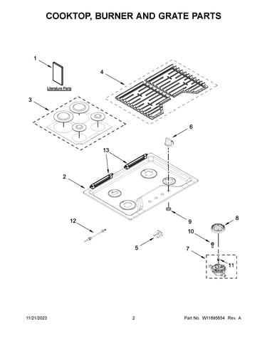 Cooktop, burner and grate parts