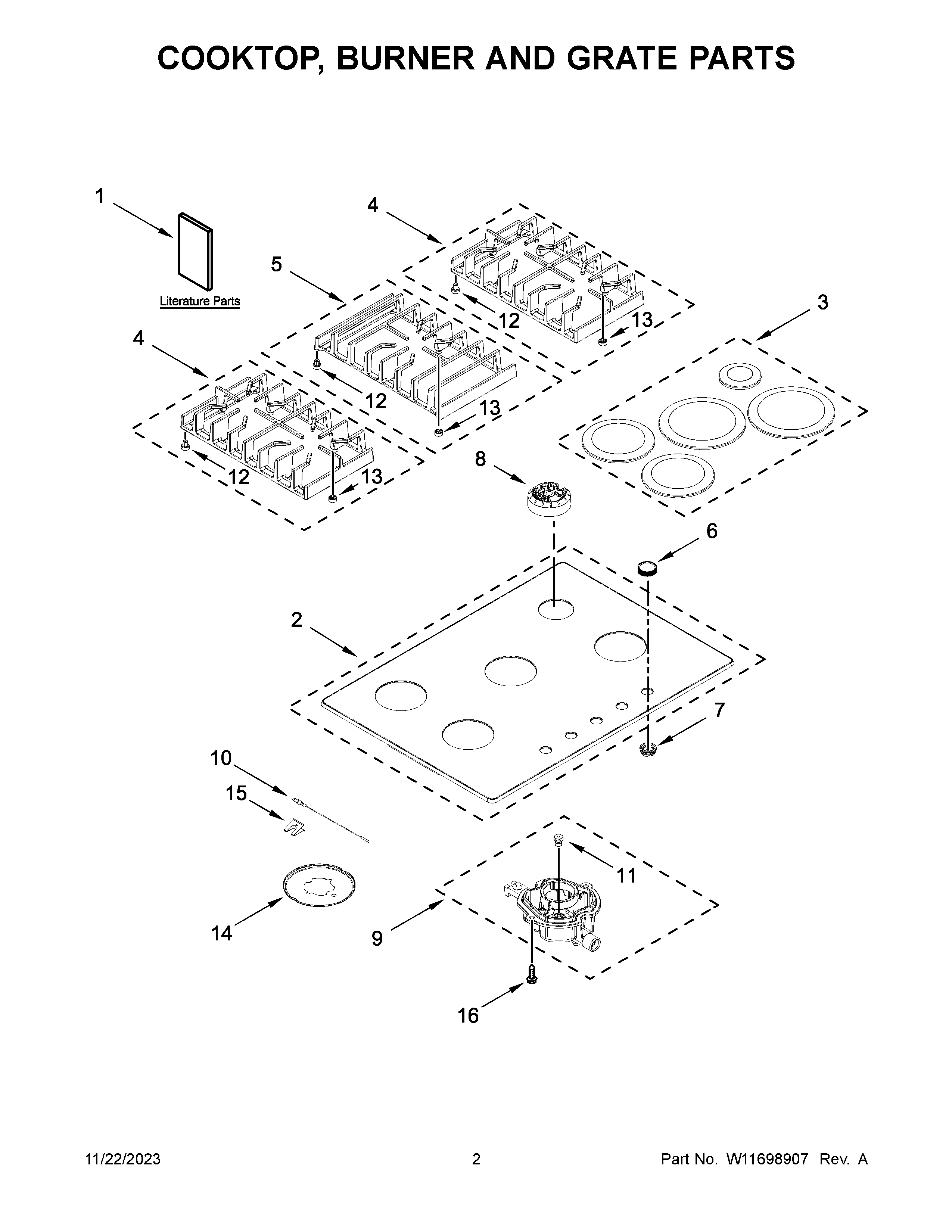 Cooktop, burner and grate parts