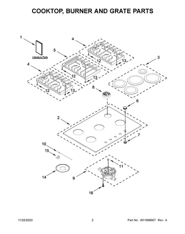 Cooktop, burner and grate parts