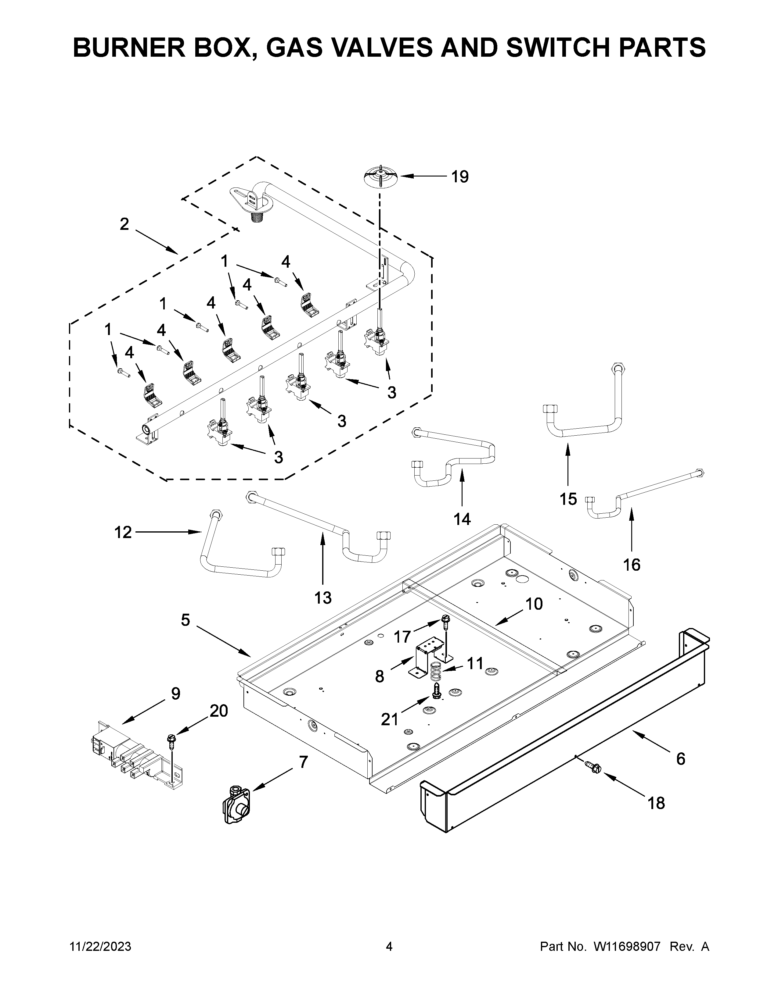 Burner box, gas valves and switch parts