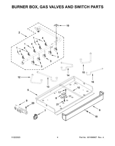 Burner box, gas valves and switch parts
