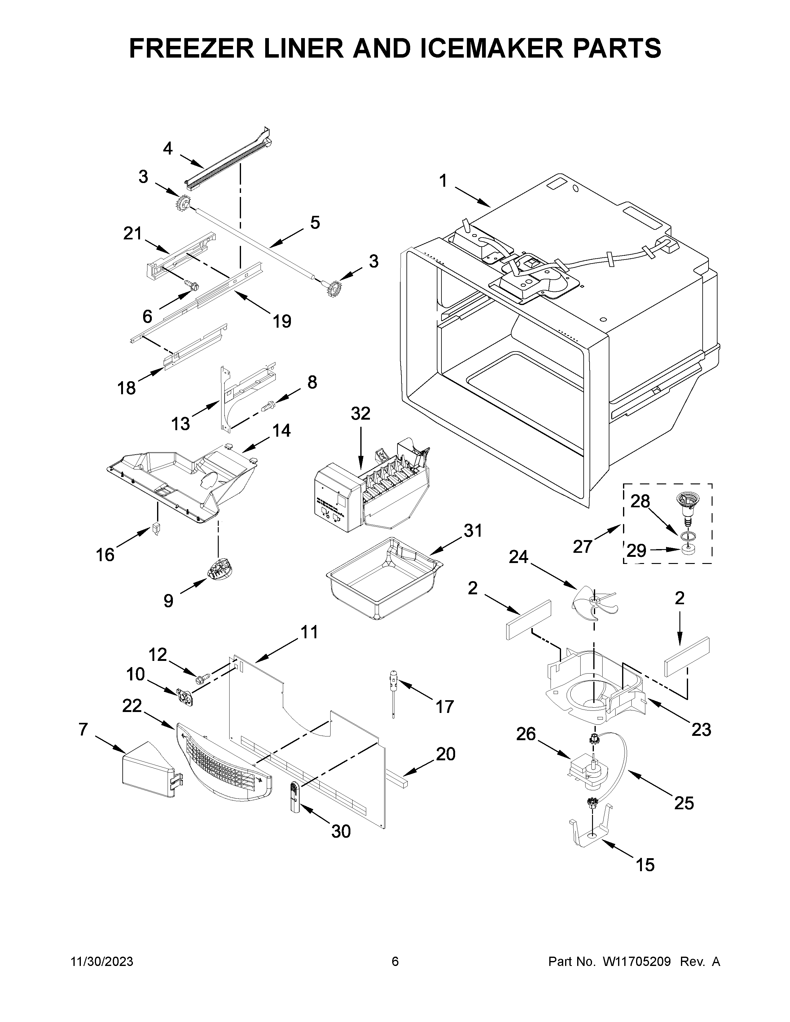 Freezer liner and icemaker parts