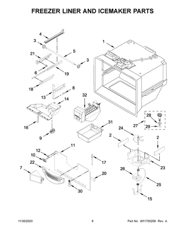 Freezer liner and icemaker parts