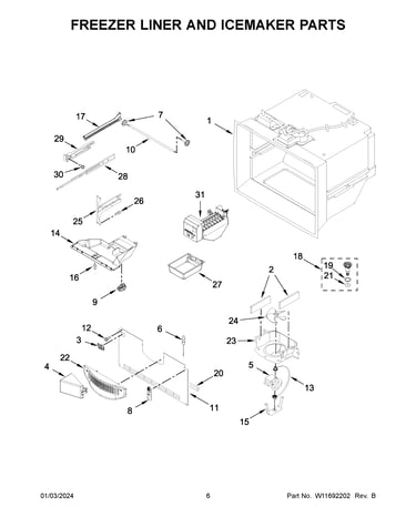 Freezer liner and icemaker parts