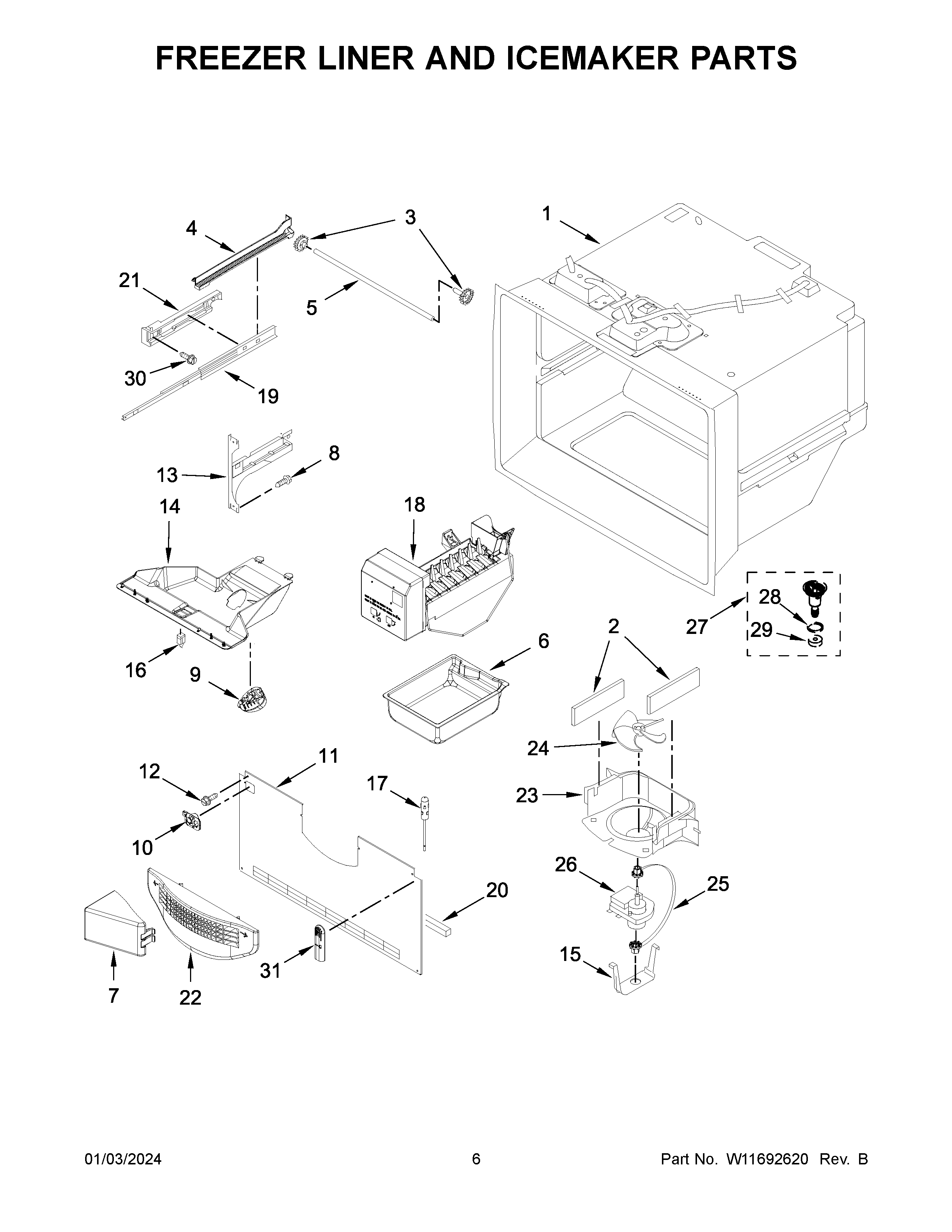 Freezer liner and icemaker parts