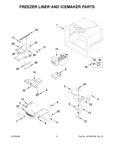 Freezer liner and icemaker parts