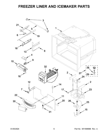 Freezer liner and icemaker parts