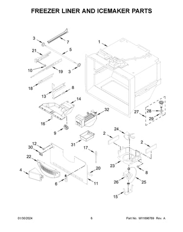 Freezer liner and icemaker parts