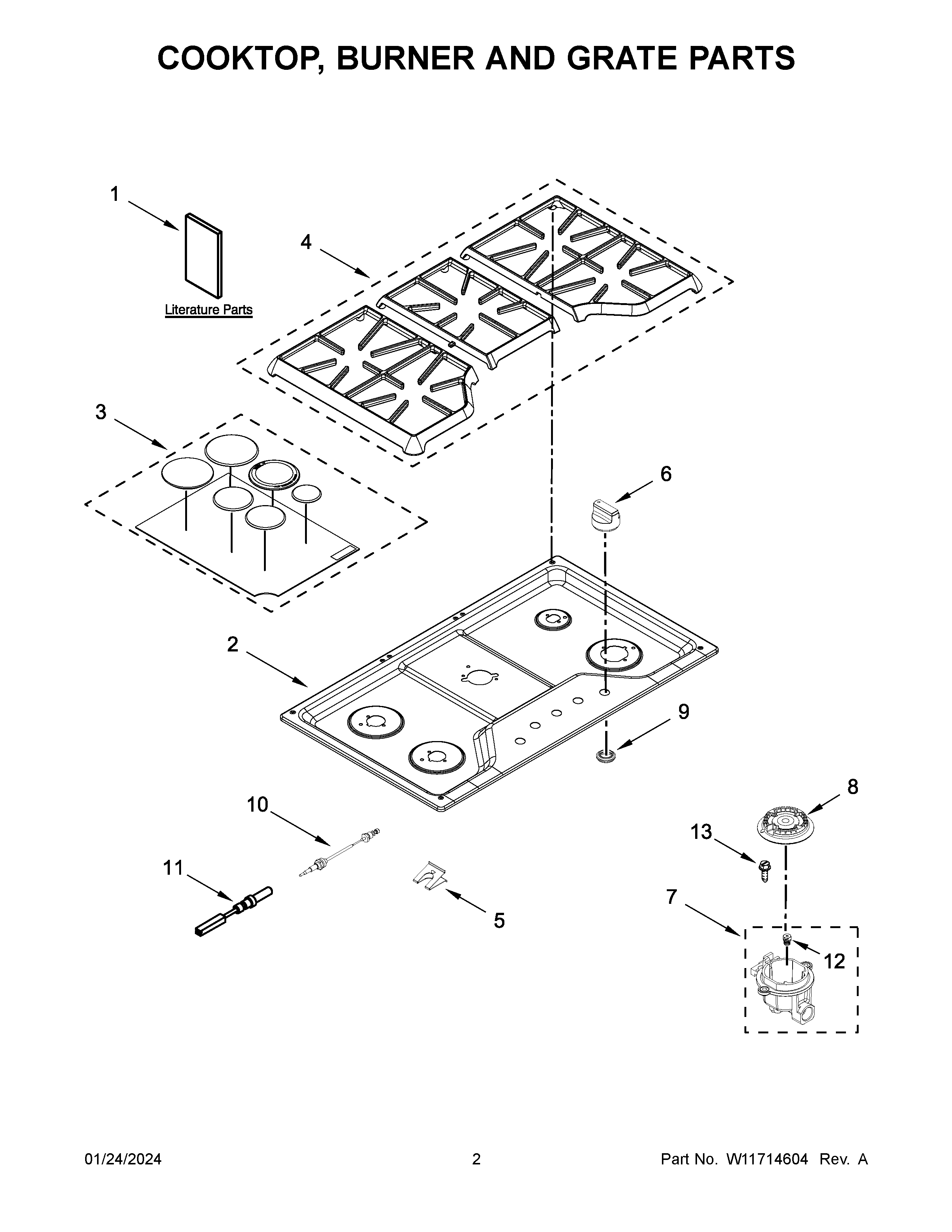 Cooktop, burner and grate parts