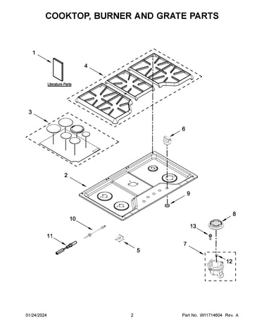 Cooktop, burner and grate parts