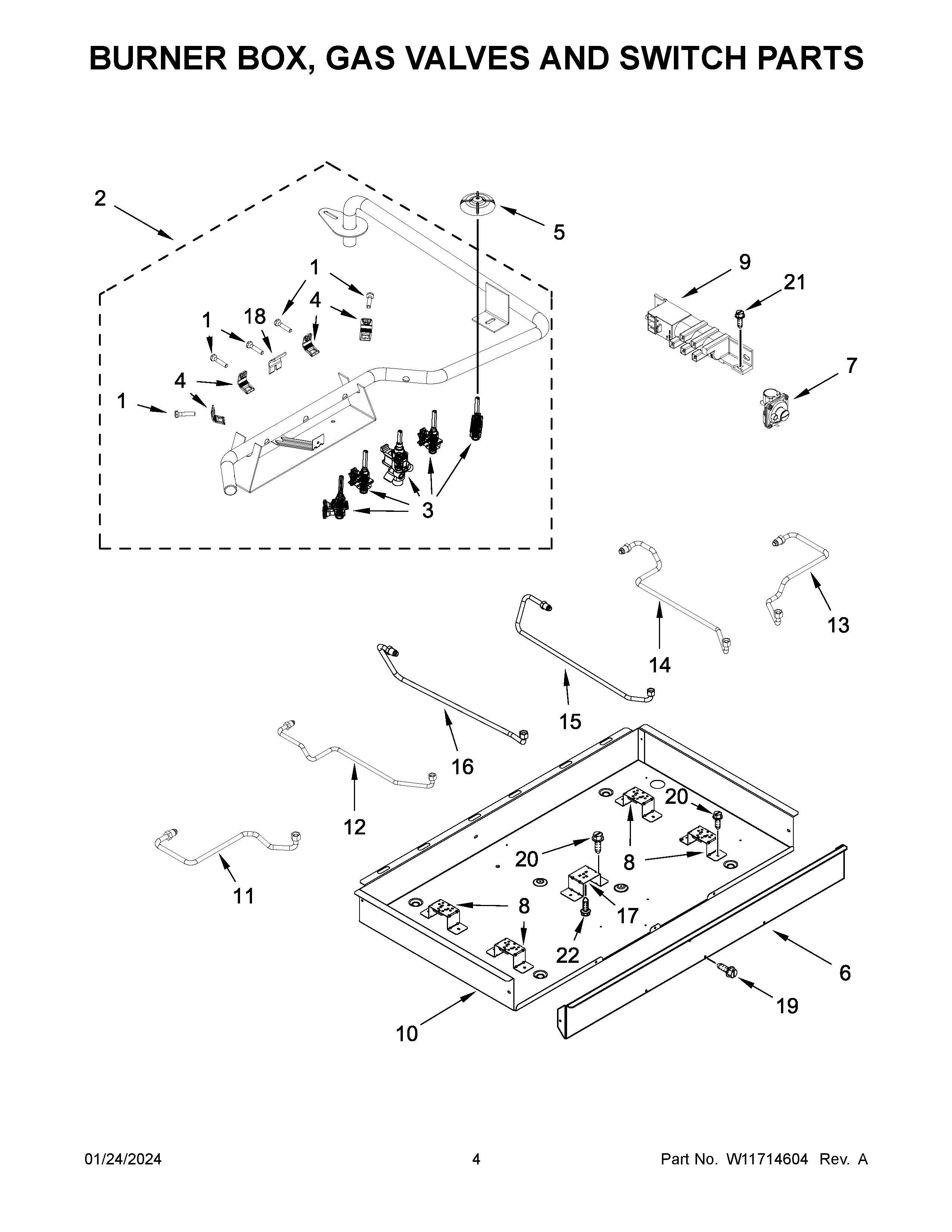 BURNER BOX, GAS VALVES AND SWITCH PARTS