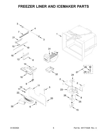 Freezer liner and icemaker parts