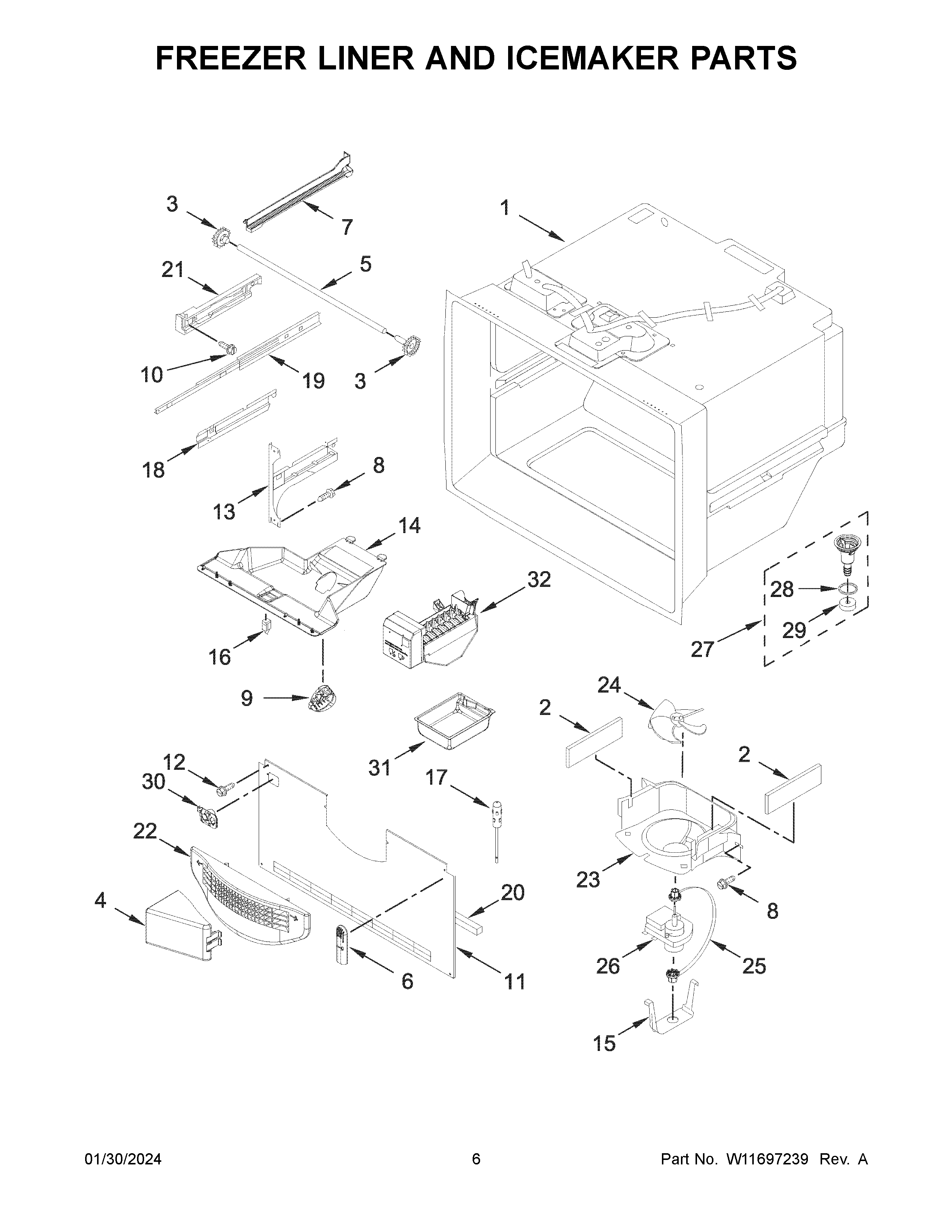 Freezer liner and icemaker parts