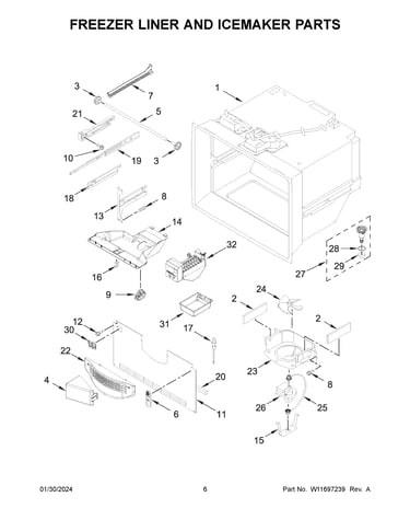 Freezer liner and icemaker parts