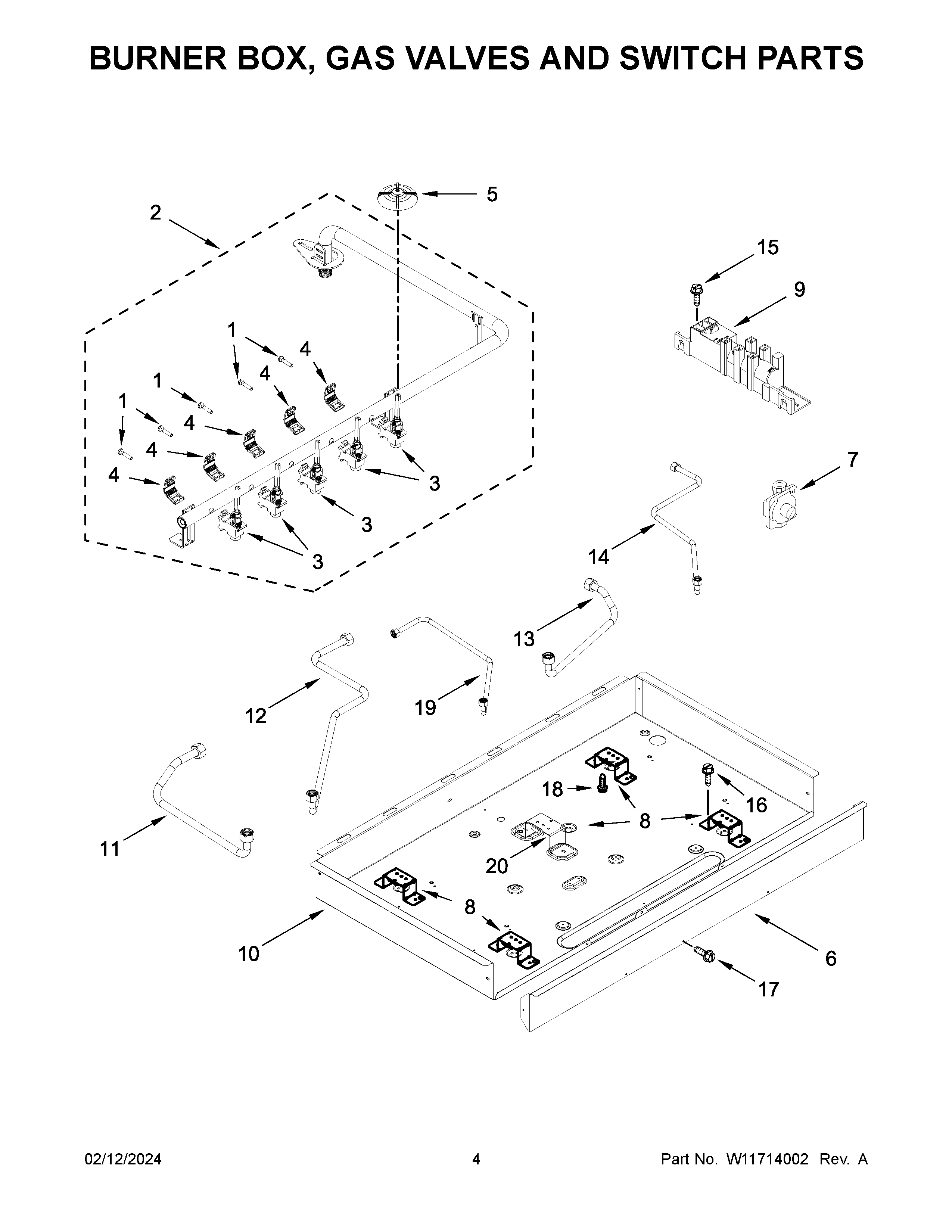 BURNER BOX, GAS VALVES AND SWITCH PARTS