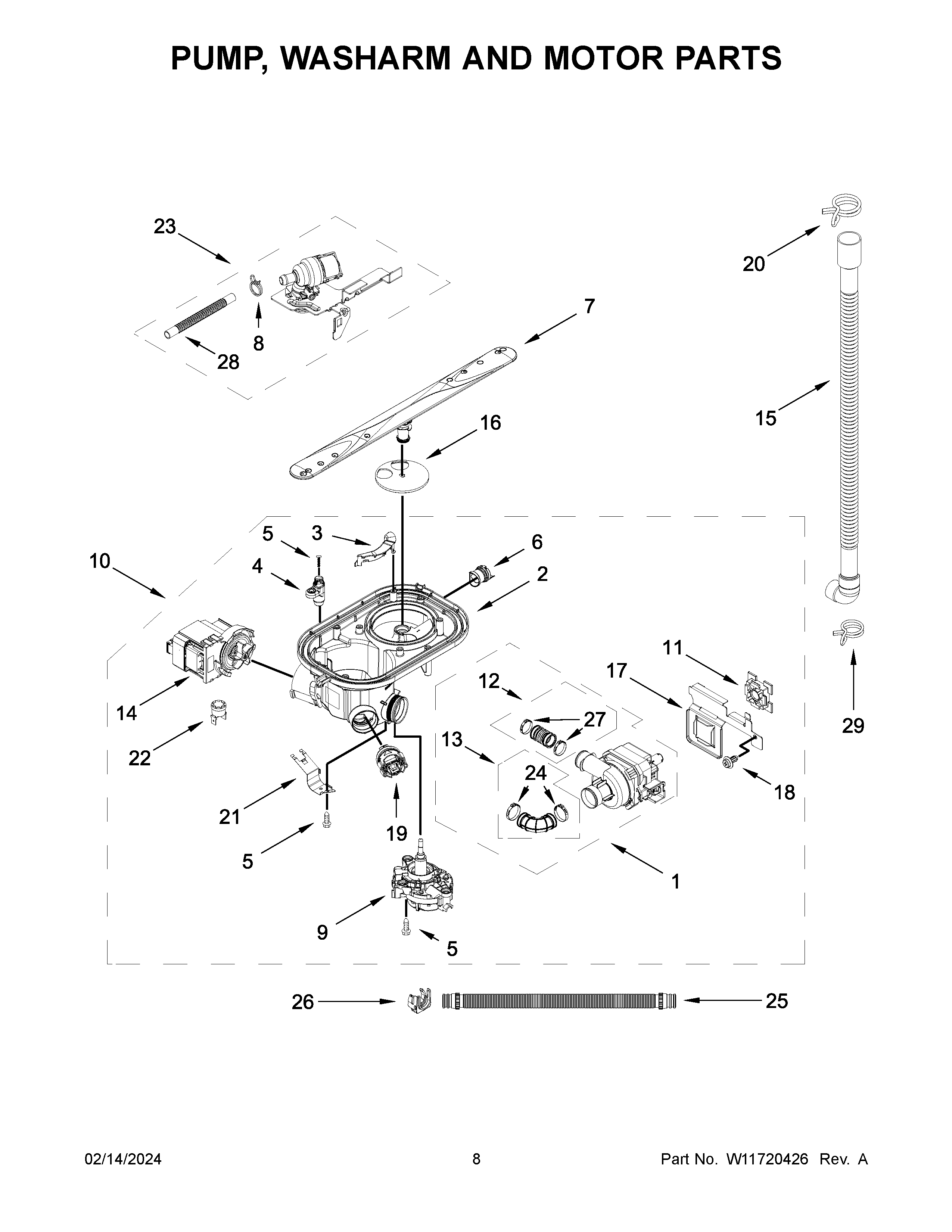 Pump, washarm and motor parts