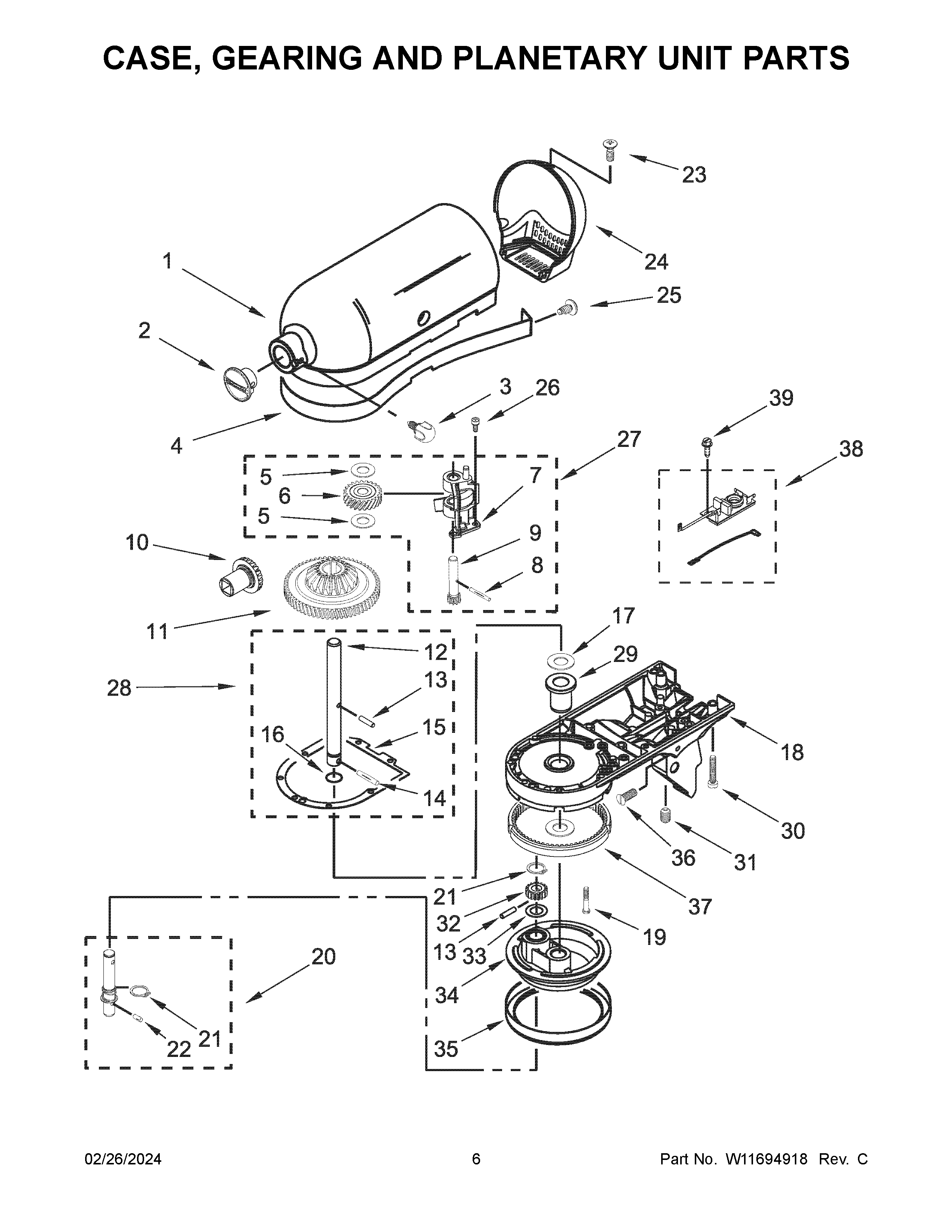 Case, gearing and planetary unit parts