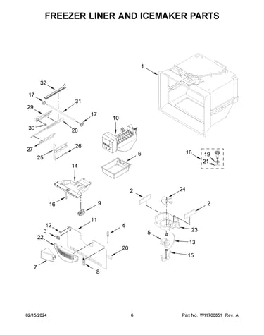 Freezer liner and icemaker parts